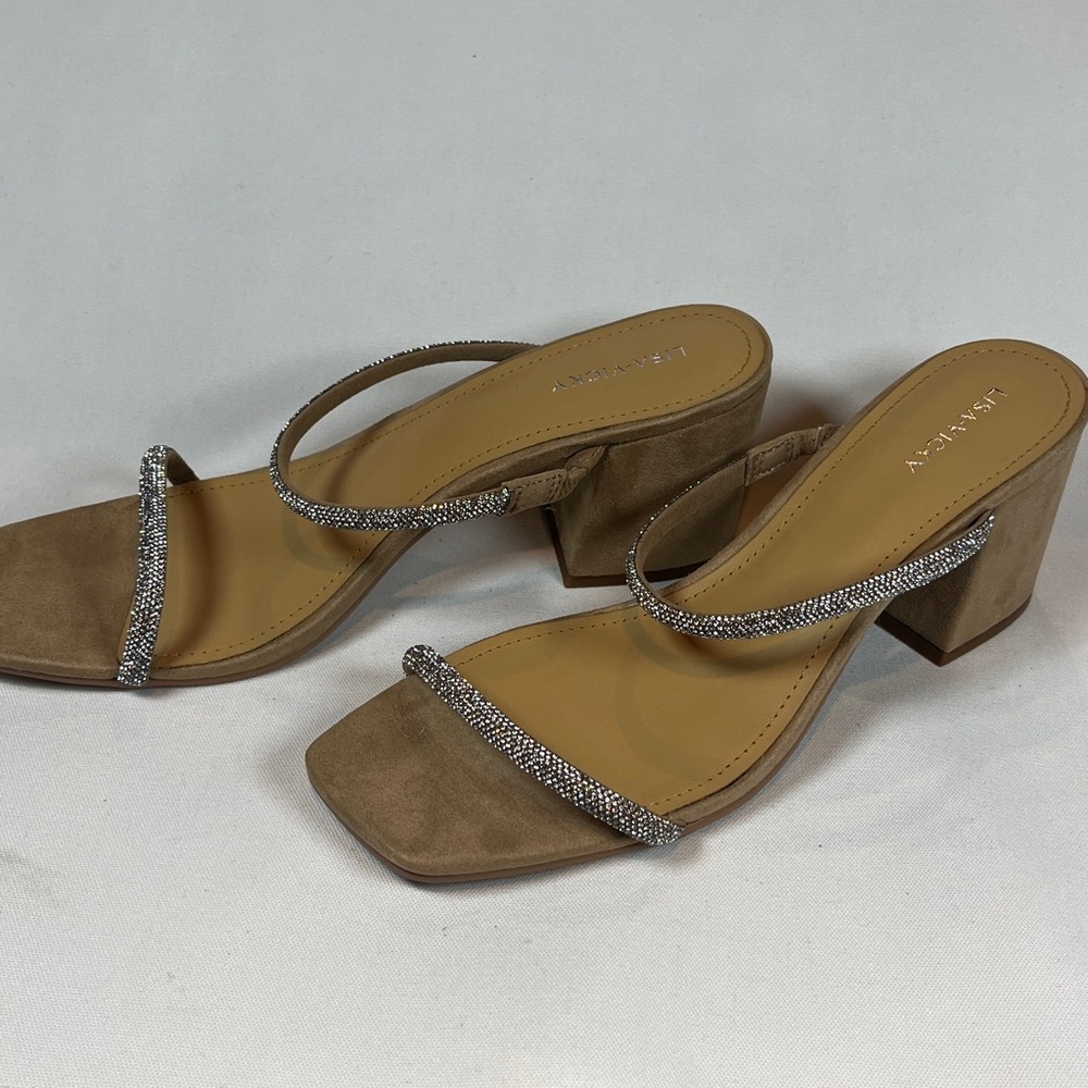 Lisa Vicky Nude Suede Rhinestone Block Heel Mood Sandals 11 NIB - Picture 2 of 7